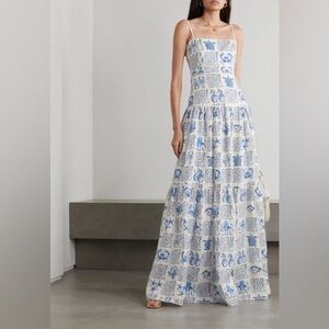 Agua by Agua Bendita Lima Tiered Blue Sea Printed Linen Maxi Dress. Small/US2